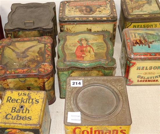 A collection of advertising tins, including Colmans Mustard, Reckitts blue Nelsons lozenges, Brasso, etc.